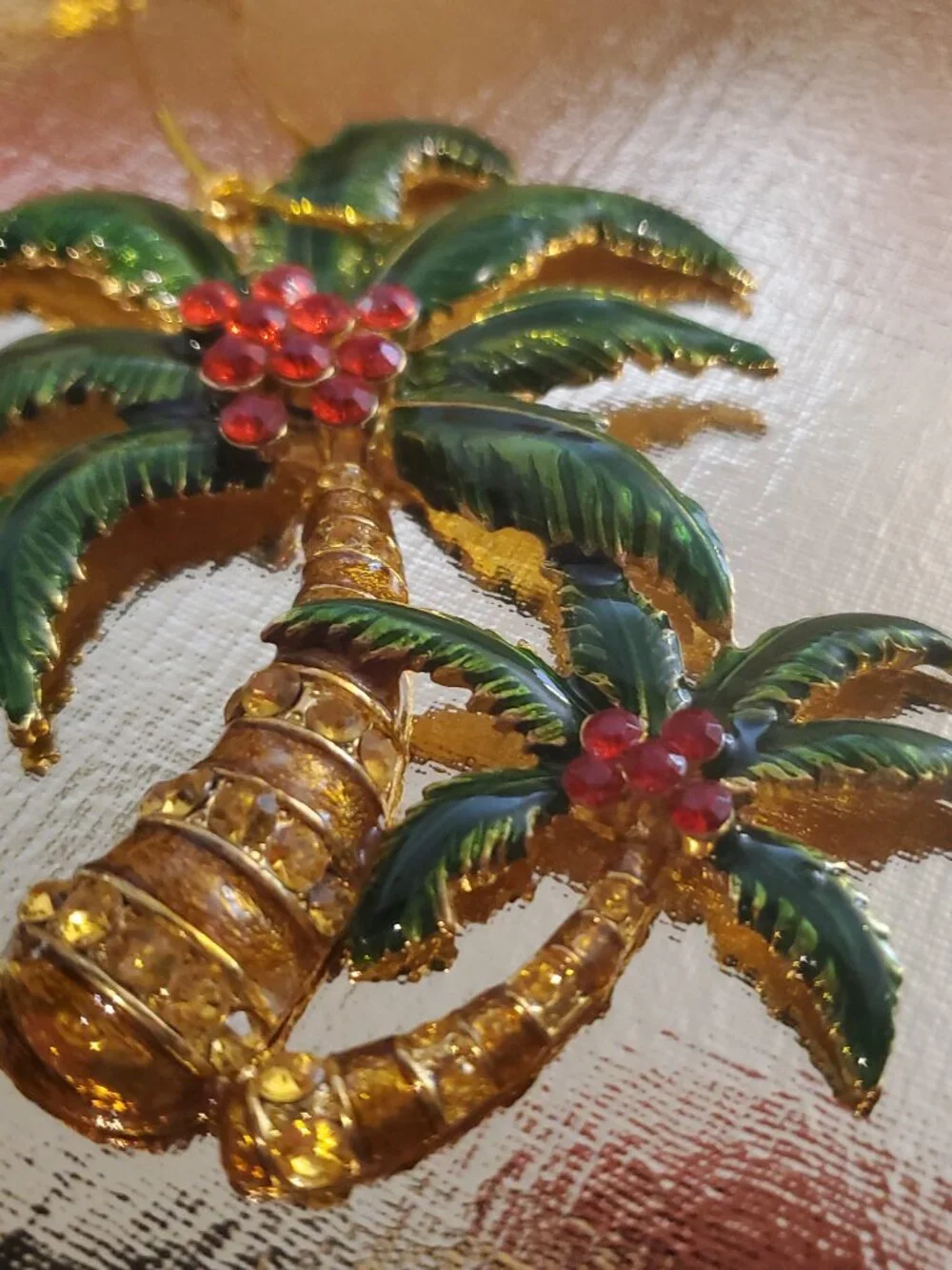 Double PALM TREE gold-tone red crystal clusters green enameled leaves ORNAMENT